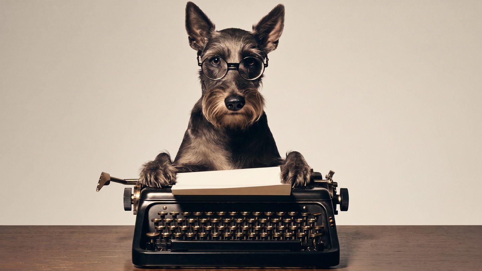 A black-and-white portrait of a schnauzer in reading glasses sitting at a vintage typewriter