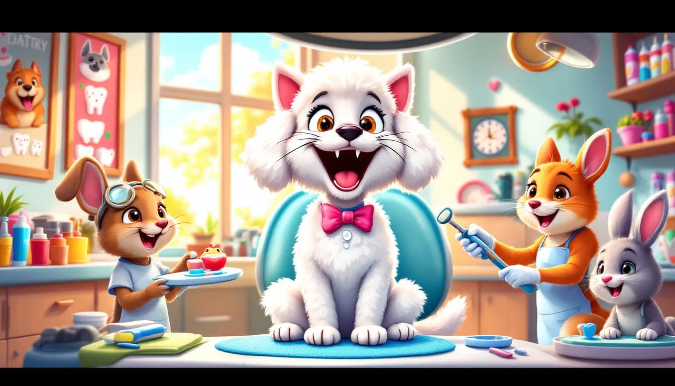 Dental care services being provided to a dog during grooming.